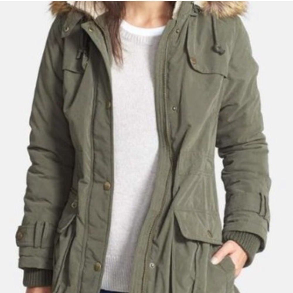 DKNY Anorak Coat faux fur hooded Olive green Size: - Picture 2 of 11